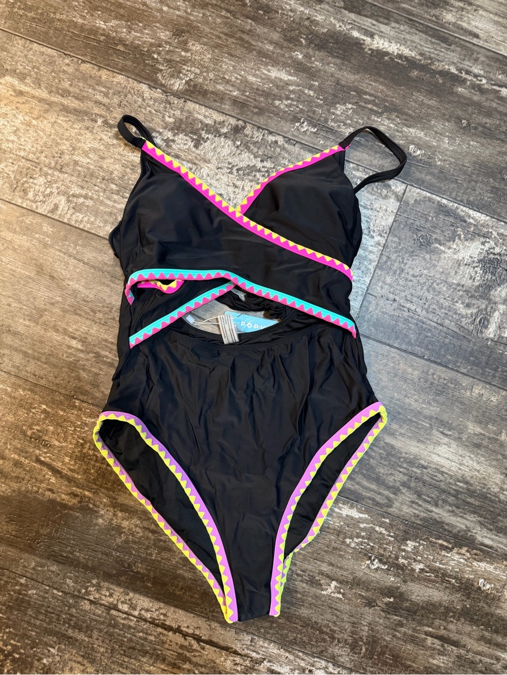 Popvil Black One-Piece Swimsuit with Neon Pink & Lime Trim